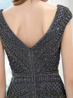 Baoleely Mermaid / Trumpet V-neck Beaded Luxurious Sexy Formal Evening Dresses Cap Sleeve Floor Length Prom Dresses