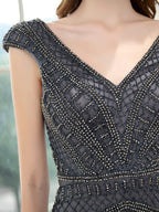 Baoleely Mermaid / Trumpet V-neck Beaded Luxurious Sexy Formal Evening Dresses Cap Sleeve Floor Length Prom Dresses
