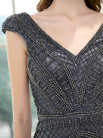 Vestidos de noche formales, lujosos, sexys, con escote en V, corte sirena/trompeta, con cuentas, mangas cortas y largo hasta el suelo. Vestidos de graduación de Baoleely. 