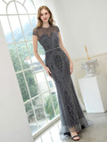 Baoleely Mermaid / Trumpet Beaded Luxurious Sexy Formal Evening Dresses Cap Sleeve Floor Length Prom Dresses