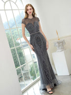 Baoleely Mermaid / Trumpet Beaded Luxurious Sexy Formal Evening Dresses Cap Sleeve Floor Length Prom Dresses