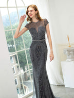 Baoleely Mermaid / Trumpet Beaded Luxurious Sexy Formal Evening Dresses Cap Sleeve Floor Length Prom Dresses