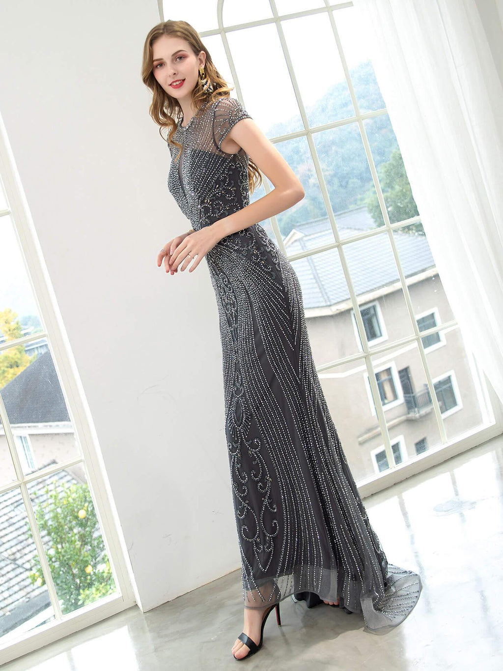 Baoleely Mermaid / Trumpet Beaded Luxurious Sexy Formal Evening Dresses Cap Sleeve Floor Length Prom Dresses