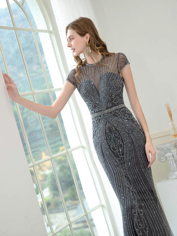 Vestidos de noche formales de sirena/trompeta con cuentas, lujosos y sexys, con mangas casquillo y largo hasta el suelo, de Baoleely. 