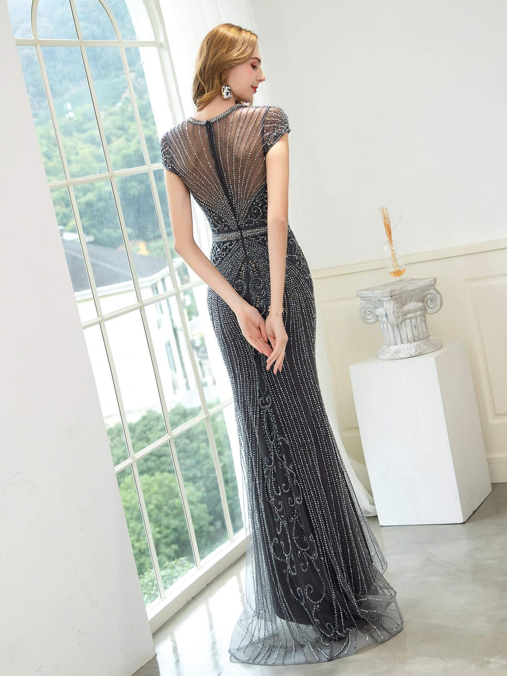 Baoleely Mermaid / Trumpet Beaded Luxurious Sexy Formal Evening Dresses Cap Sleeve Floor Length Prom Dresses