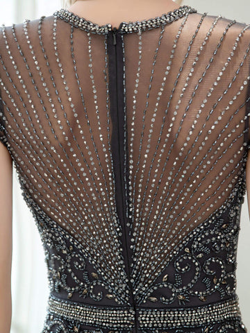 Vestidos de noche formales de sirena/trompeta con cuentas, lujosos y sexys, con mangas casquillo y largo hasta el suelo, de Baoleely. 