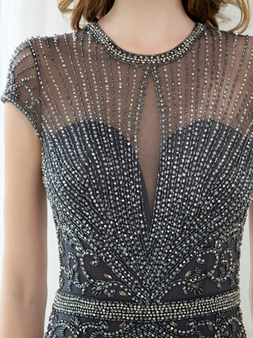 Vestidos de noche formales de sirena/trompeta con cuentas, lujosos y sexys, con mangas casquillo y largo hasta el suelo, de Baoleely. 