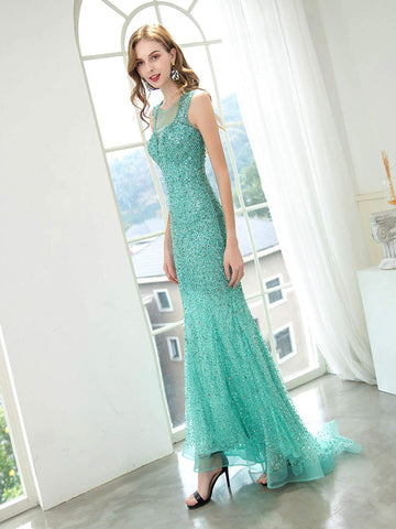 Baoleely Mermaid / Trumpet Beaded Luxurious Sexy Formal Evening Dresses Sleeveless Floor Length Prom Dresses