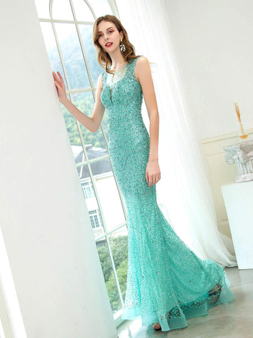 Baoleely Mermaid / Trumpet Beaded Luxurious Sexy Formal Evening Dresses Sleeveless Floor Length Prom Dresses
