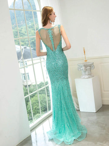 Baoleely Mermaid / Trumpet Beaded Luxurious Sexy Formal Evening Dresses Sleeveless Floor Length Prom Dresses