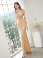 Baoleely Mermaid / Trumpet V-neck Beaded Luxurious Sexy Formal Evening Dresses Sleeveless Floor Length Prom Dresses