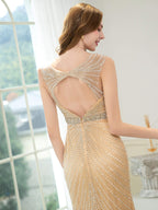 Baoleely Mermaid / Trumpet V-neck Beaded Luxurious Sexy Formal Evening Dresses Sleeveless Floor Length Prom Dresses