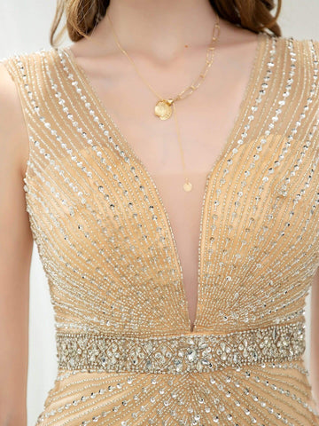 Vestidos de noche formales, lujosos, sexys, sin mangas, con escote en V, corte sirena/trompeta, con cuentas, largos hasta el suelo, de Baoleely. 