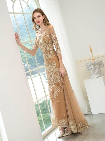 Baoleely Mermaid / Trumpet V-neck Beaded Luxurious Sexy Formal Evening Dresses Long Sleeve Floor Length Prom Dresses