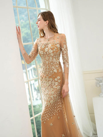 Baoleely Mermaid / Trumpet V-neck Beaded Luxurious Sexy Formal Evening Dresses Long Sleeve Floor Length Prom Dresses