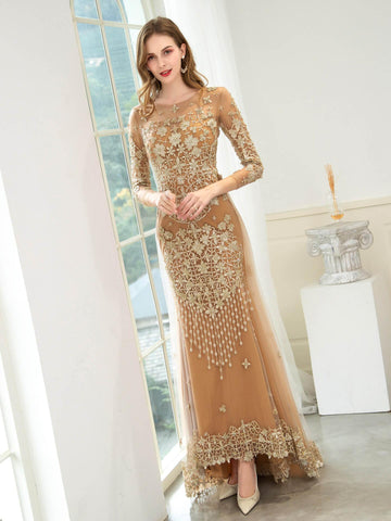 Baoleely Mermaid / Trumpet V-neck Beaded Luxurious Sexy Formal Evening Dresses Long Sleeve Floor Length Prom Dresses