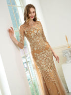 Baoleely Mermaid / Trumpet V-neck Beaded Luxurious Sexy Formal Evening Dresses Long Sleeve Floor Length Prom Dresses
