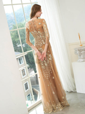 Baoleely Mermaid / Trumpet V-neck Beaded Luxurious Sexy Formal Evening Dresses Long Sleeve Floor Length Prom Dresses