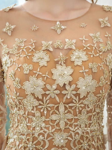 Baoleely Mermaid / Trumpet V-neck Beaded Luxurious Sexy Formal Evening Dresses Long Sleeve Floor Length Prom Dresses