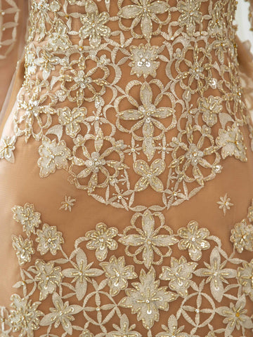 Baoleely Mermaid / Trumpet V-neck Beaded Luxurious Sexy Formal Evening Dresses Long Sleeve Floor Length Prom Dresses