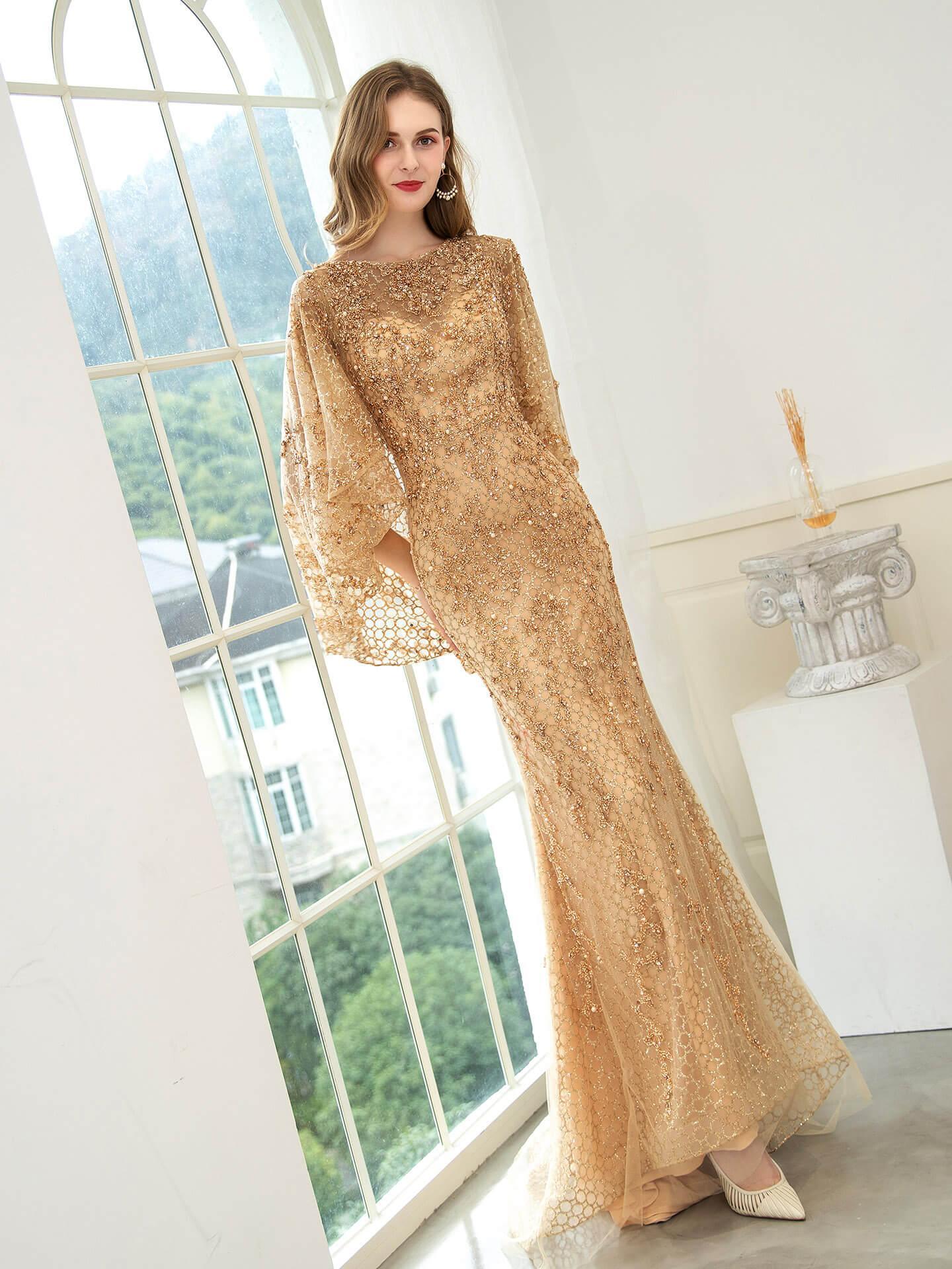 Baoleely Mermaid / Trumpet Beaded Luxurious Fashion Formal Evening Dresses Long Sleeve Floor Length Prom Dresses