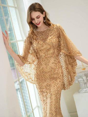 Vestidos de noche formales de lujo con corte sirena/trompeta y cuentas de Baoleely, de manga larga y hasta el suelo. 