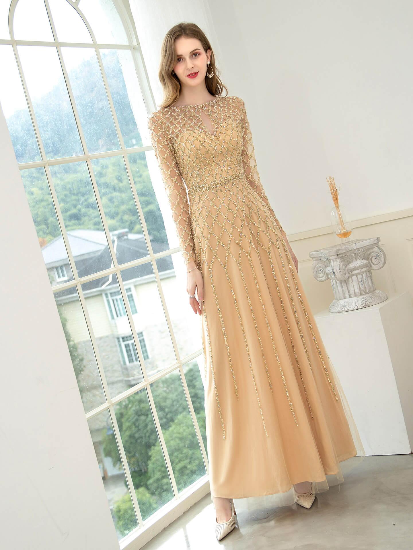 Vestidos de noche formales de lujo con cuentas y corte en A, de moda, de manga larga y hasta el suelo, para fiesta de graduación 