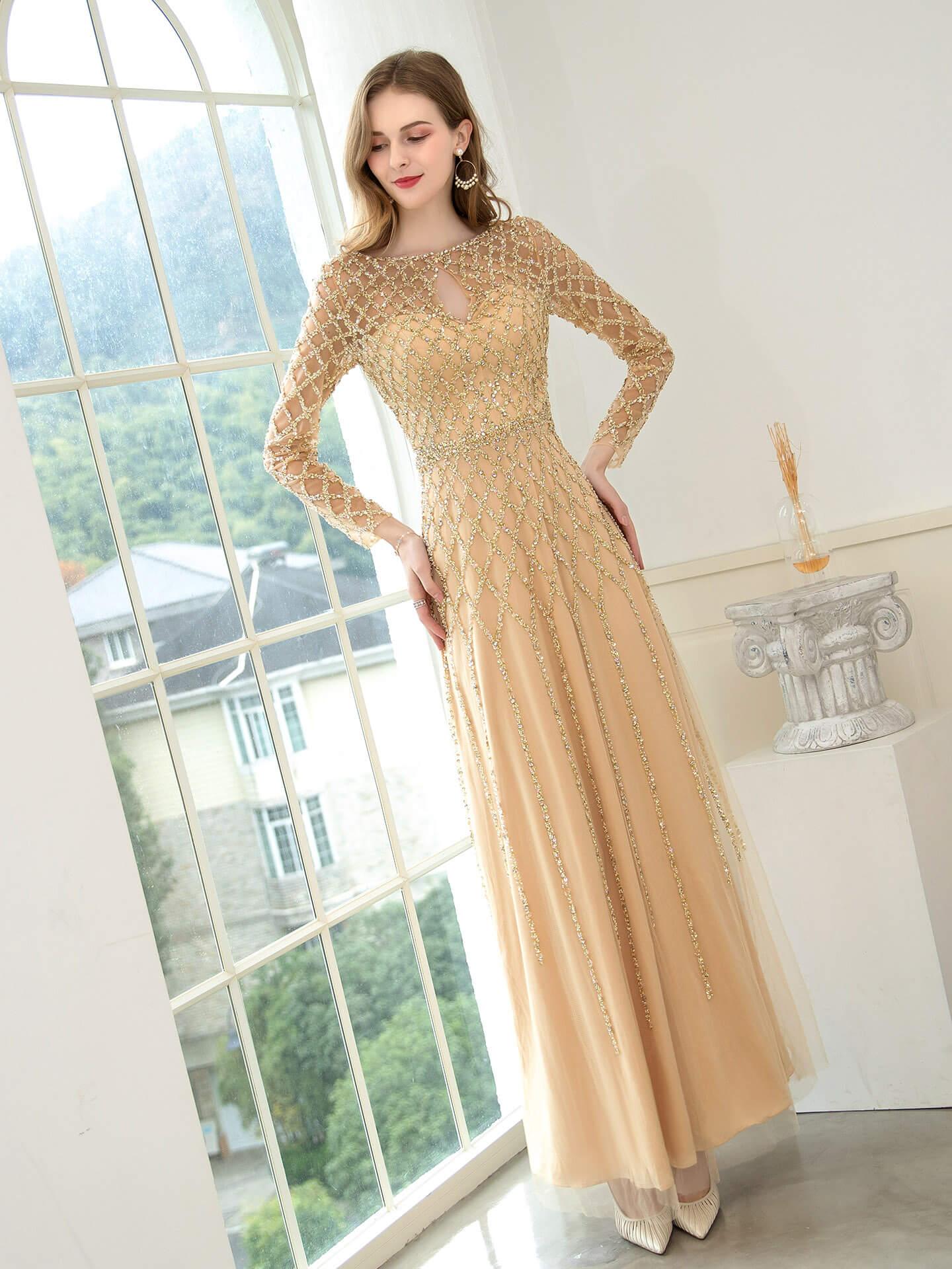 Vestidos de noche formales de lujo con cuentas y corte en A, de moda, de manga larga y hasta el suelo, para fiesta de graduación 