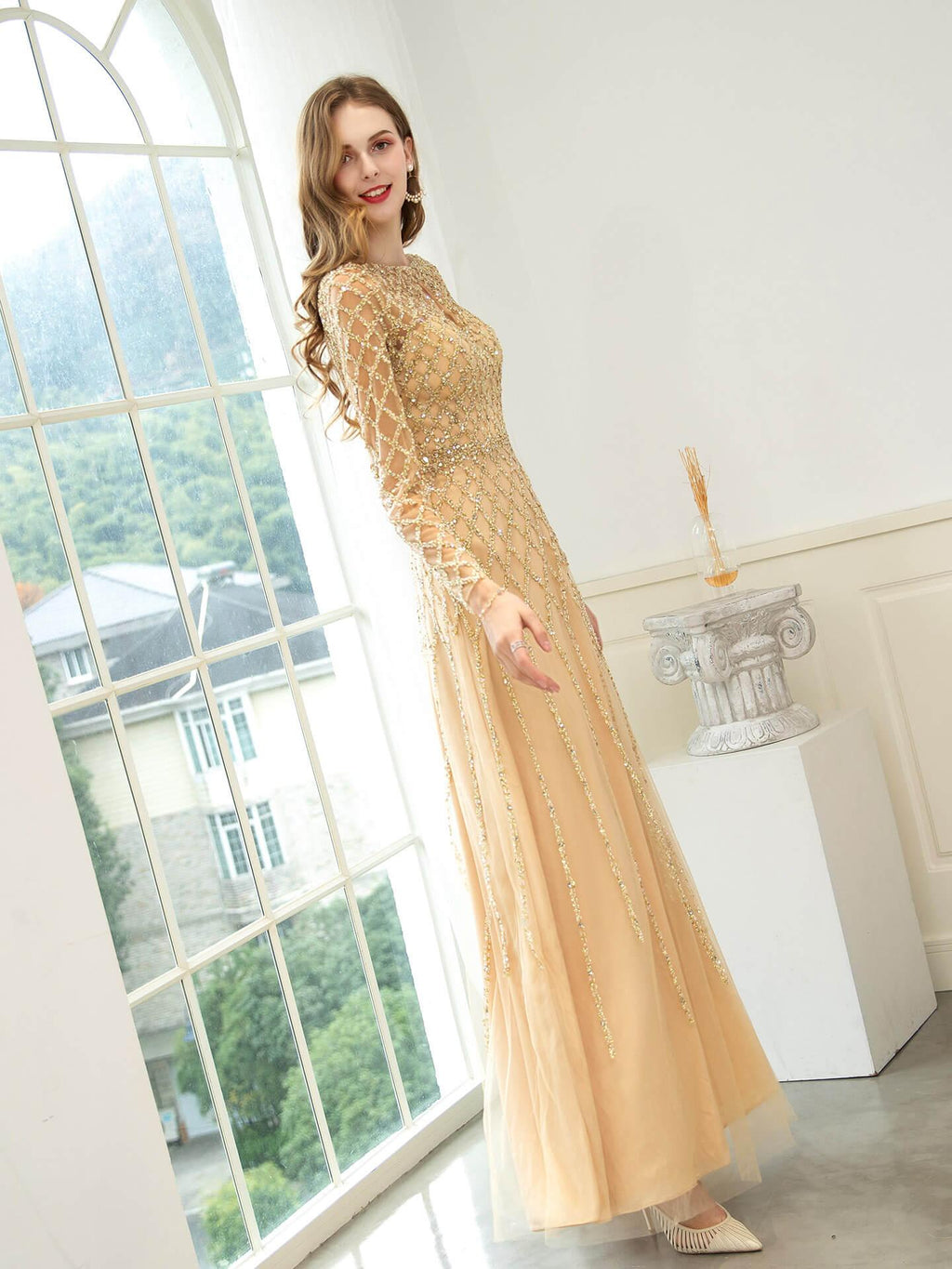 Vestidos de noche formales de lujo con cuentas y corte en A, de moda, de manga larga y hasta el suelo, para fiesta de graduación 
