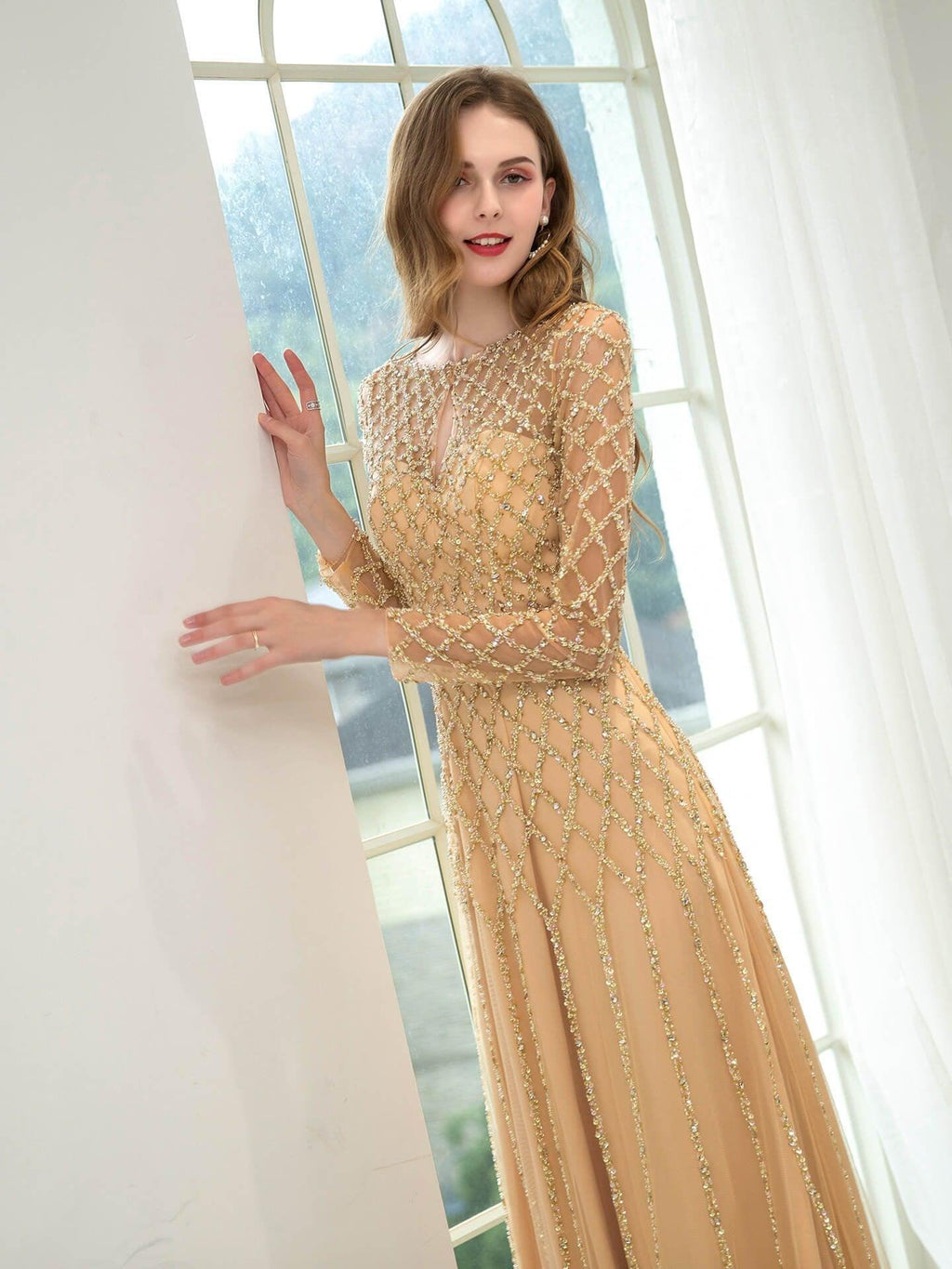 Vestidos de noche formales de lujo con cuentas y corte en A, de moda, de manga larga y hasta el suelo, para fiesta de graduación 