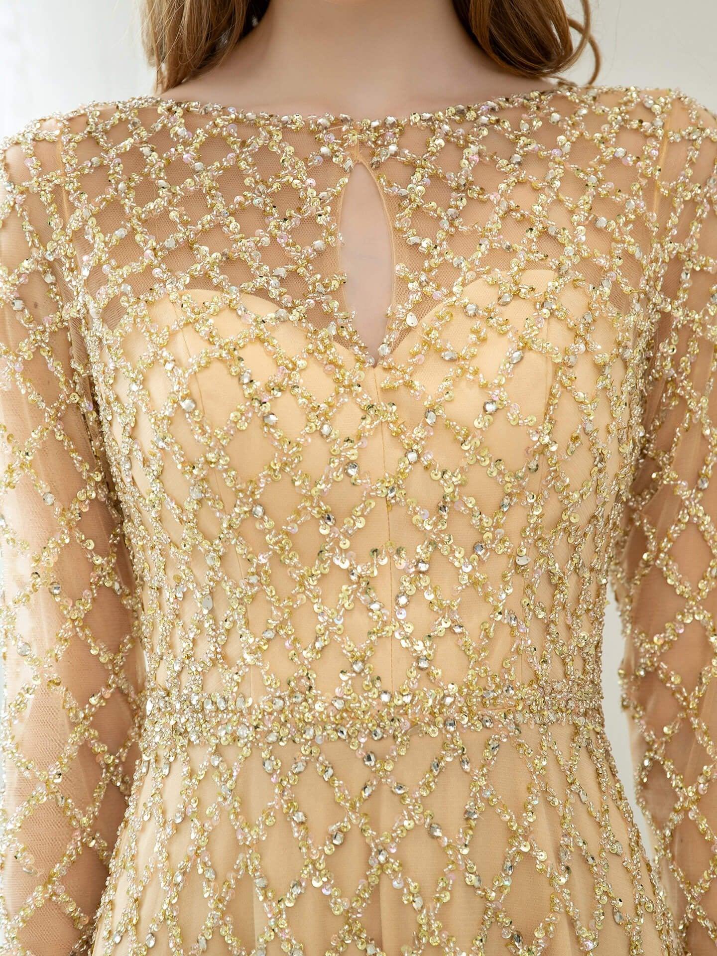 Vestidos de noche formales de lujo con cuentas y corte en A, de moda, de manga larga y hasta el suelo, para fiesta de graduación 