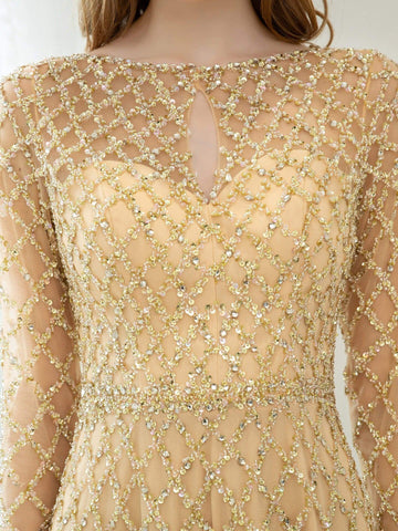 Vestidos de noche formales de lujo con cuentas y corte en A, de moda, de manga larga y hasta el suelo, para fiesta de graduación 