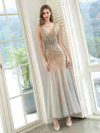 Baoleely Mermaid V-neck Beaded Luxurious Fashion Formal Evening Dresses Sleeveless Floor Length Prom Dresses
