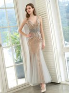 Baoleely Mermaid V-neck Beaded Luxurious Fashion Formal Evening Dresses Sleeveless Floor Length Prom Dresses