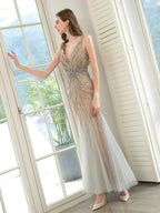Baoleely Mermaid V-neck Beaded Luxurious Fashion Formal Evening Dresses Sleeveless Floor Length Prom Dresses