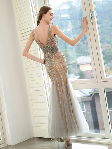 Vestidos de noche formales de lujo con escote en V, bordados y cuentas, de Baoleely. Vestidos de fiesta largos hasta el suelo, sin mangas. 