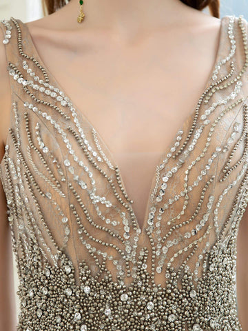 Vestidos de noche formales de lujo con escote en V, bordados y cuentas, de Baoleely. Vestidos de fiesta largos hasta el suelo, sin mangas. 