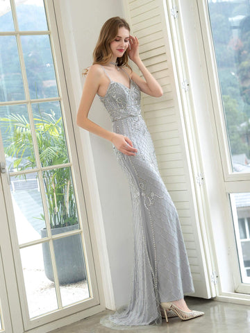 Vestido de noche formal de lujo con estampado de sirena, cuentas, tirantes finos, sin mangas y largo hasta el suelo, de Baoleely. 