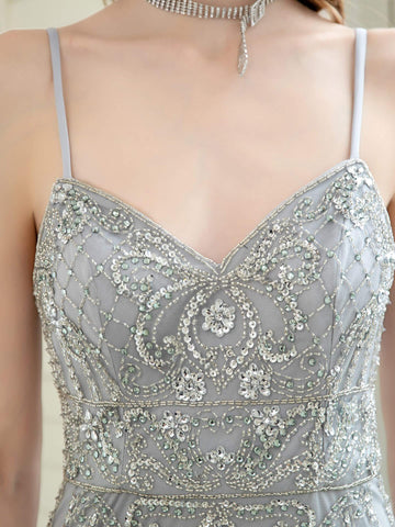 Vestido de noche formal de lujo con estampado de sirena, cuentas, tirantes finos, sin mangas y largo hasta el suelo, de Baoleely. 