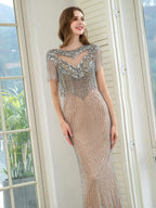 Baoleely Mermaid Beaded Luxurious Fashion Formal Evening Dresses Short Sleeves Floor Length