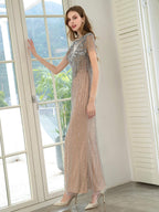 Baoleely Mermaid Beaded Luxurious Fashion Formal Evening Dresses Short Sleeves Floor Length