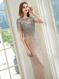 Baoleely Mermaid Beaded Luxurious Fashion Formal Evening Dresses Short Sleeves Floor Length
