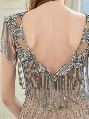 Vestido de noche formal de lujo con estampado de sirena y cuentas de Baoleely, manga corta y largo hasta el suelo. 