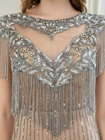 Vestido de noche formal de lujo con estampado de sirena y cuentas de Baoleely, manga corta y largo hasta el suelo. 