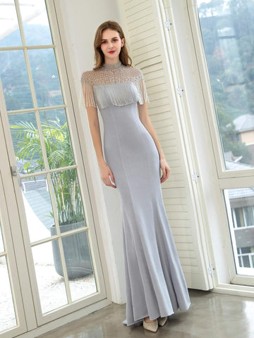 Vestido de noche formal de lujo con estampado de sirena y cuentas de Baoleely, manga corta y largo hasta el suelo. 