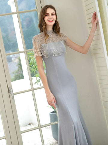 Vestido de noche formal de lujo con estampado de sirena y cuentas de Baoleely, manga corta y largo hasta el suelo. 