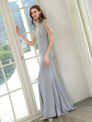 Vestido de noche formal de lujo con estampado de sirena y cuentas de Baoleely, manga corta y largo hasta el suelo. 