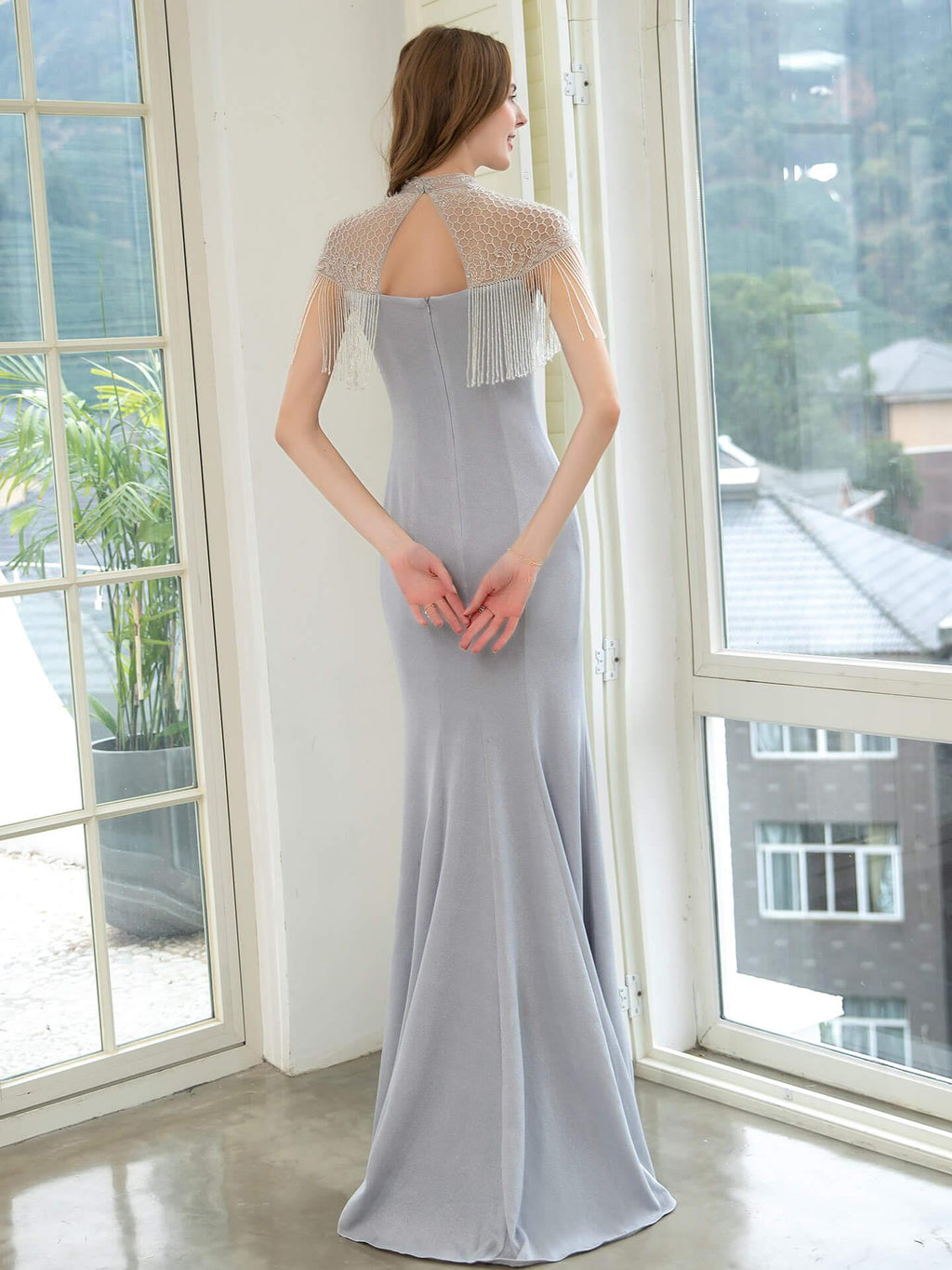 Baoleely Mermaid Beaded Luxurious Fashion Formal Evening Dresses Short Sleeves Floor Length