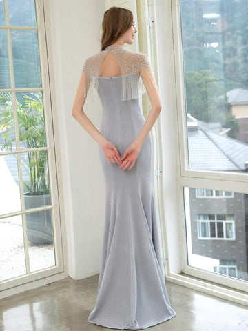 Vestido de noche formal de lujo con estampado de sirena y cuentas de Baoleely, manga corta y largo hasta el suelo. 