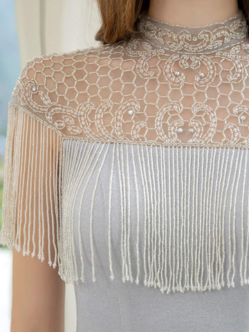 Vestido de noche formal de lujo con estampado de sirena y cuentas de Baoleely, manga corta y largo hasta el suelo. 